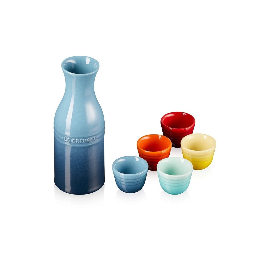Le Creuset Tokkuri and 5 Ochoko Sake set Rainbow Japan Limited NEW - Picture 1 of 7